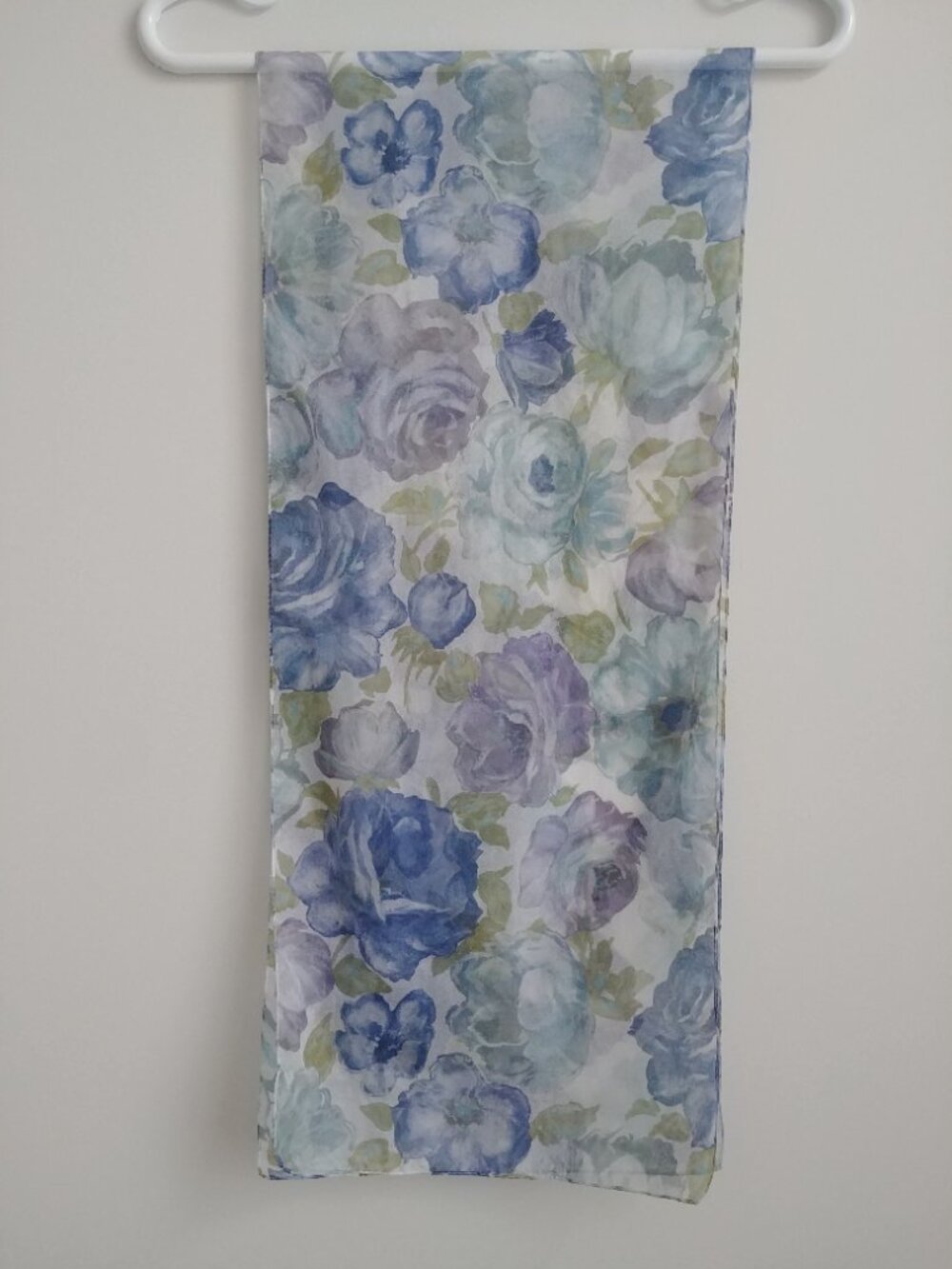 Filmy lightweight blue and purple rose pattern rectangle scarf